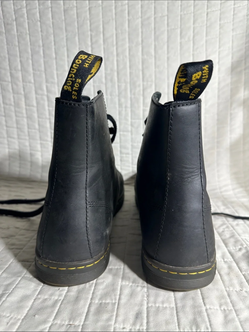 Dr. Martens Tobias Black Leather Lace-Up Men’s Boots with Yellow Stitching